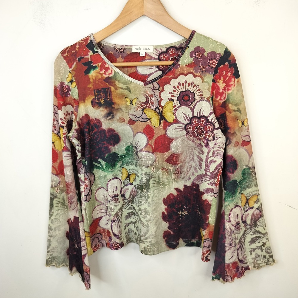 Xcit USA Floral Butterfly Top Bell Sleeve Petite Large Y2K Multicolor